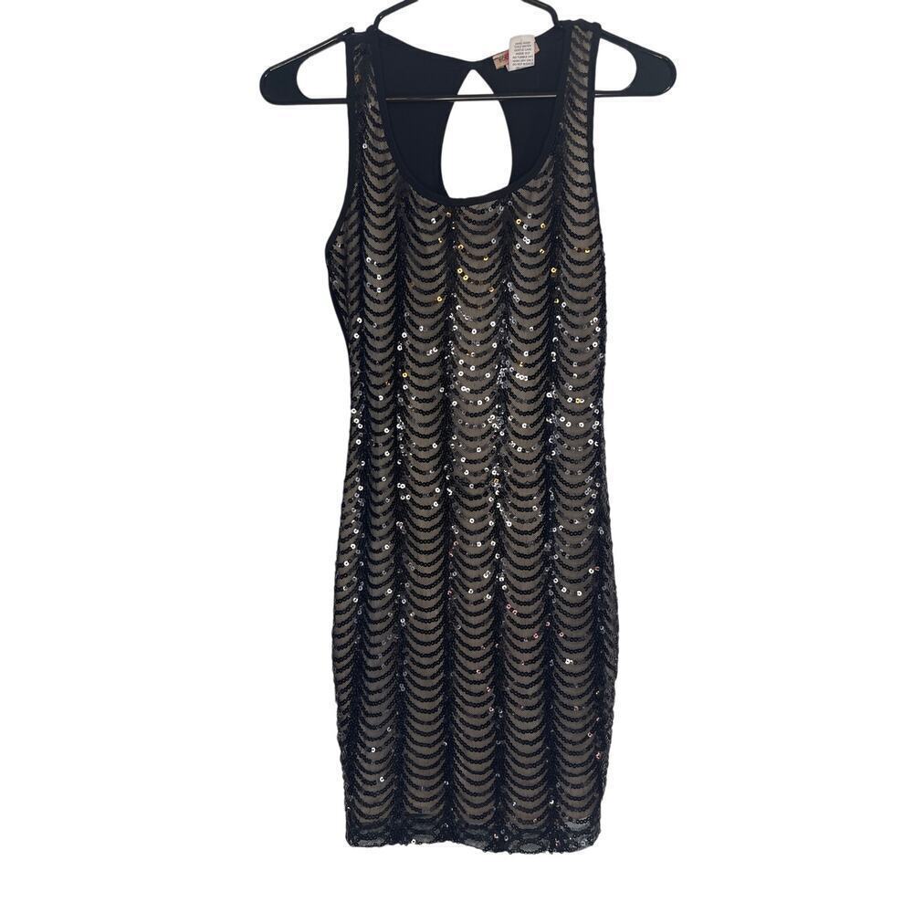 Vintage Y2K Body Central Black Nude Sequined Bodycon Mini Dress Size Small